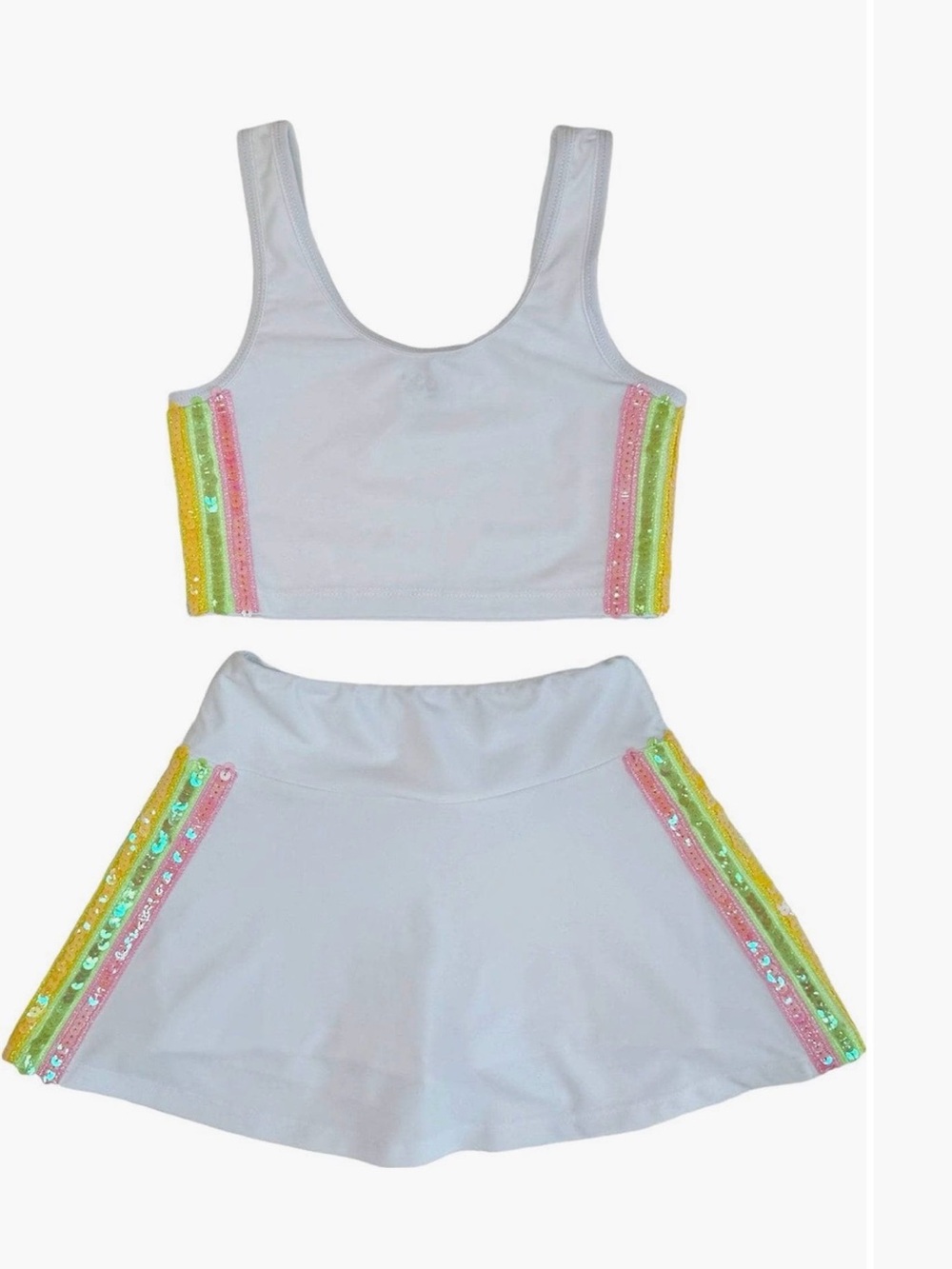 Lola + The Boys White Two-Piece Set with Rainbow Sequin Stripes